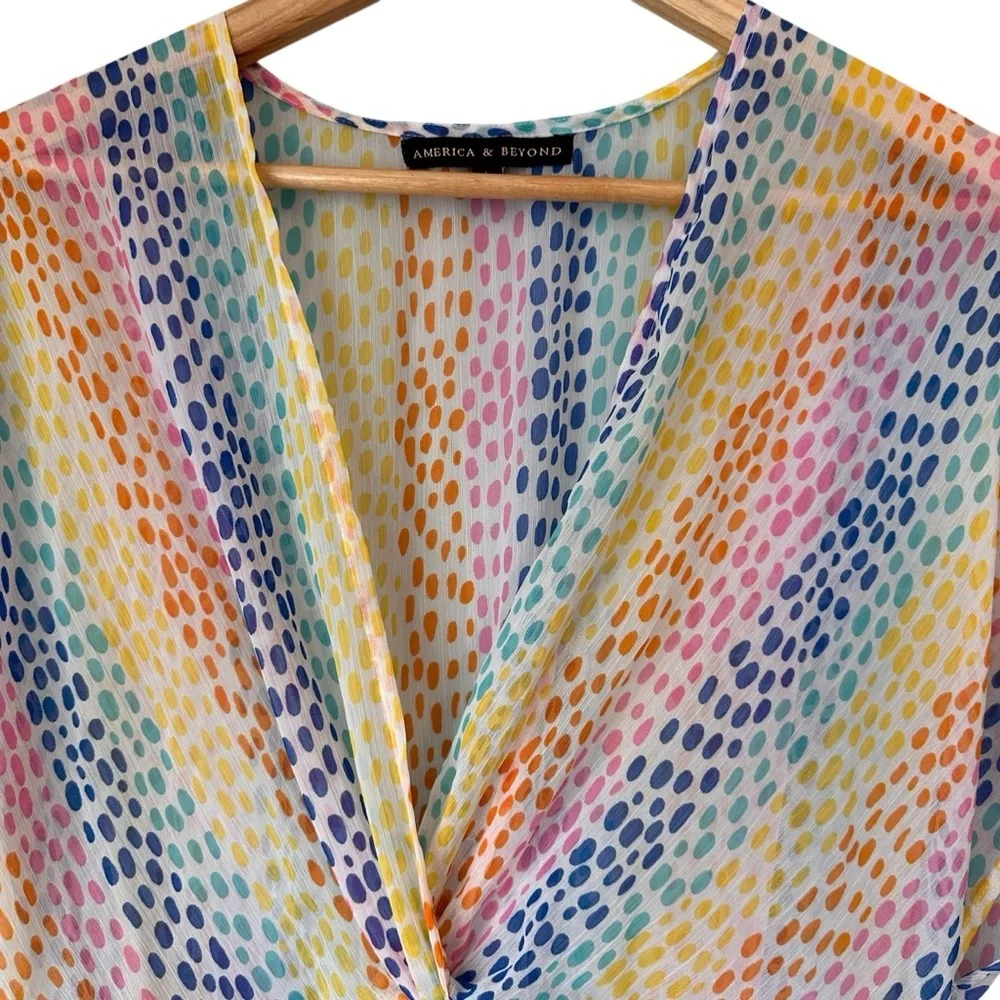 America & Beyond Pastel Multicolor Crochet Swim Coverup with Pom Trim, Large